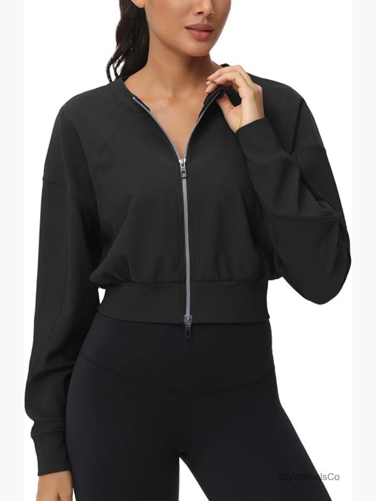 Full Zip Cropped Jacket Long Sleeve Ribbed Workout Sweatshirt Lightweight